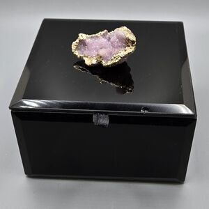 Jewelry Trinket Box Black Mirrored w/ Druzy Geode Affixed to the Top 4" Square